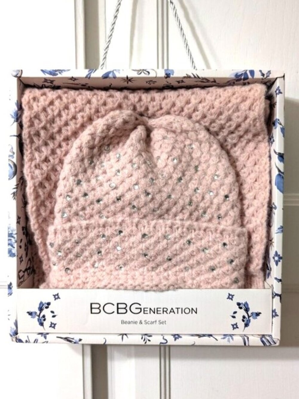 BCBGeneration Blush Pink Crystal Knit Beanie & Scarf Gift Set